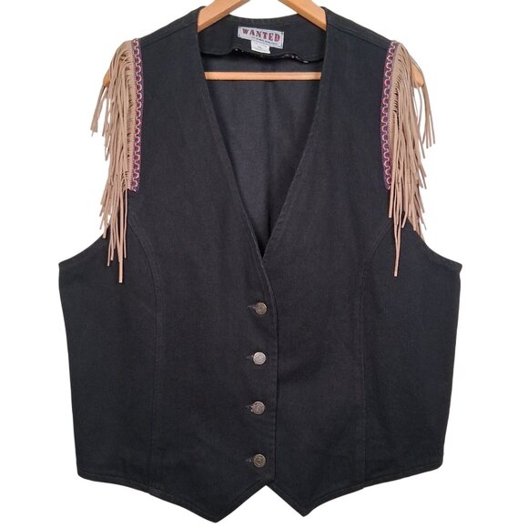 Wanted by Beads Beautiful Jackets & Blazers - Vintage Western Wear Vest Women XL Wanted Beads Beautiful Fringe Black Denim USA